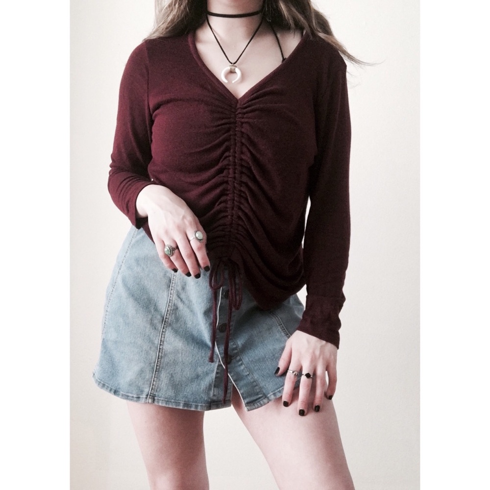 Burgundy Ruche Drawstring Long Sleeve Tee Shirt
